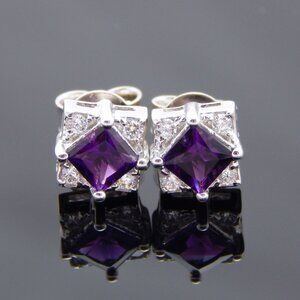 Genuine Amethyst Cushion Cut Earrings in 925 Sterling Silver